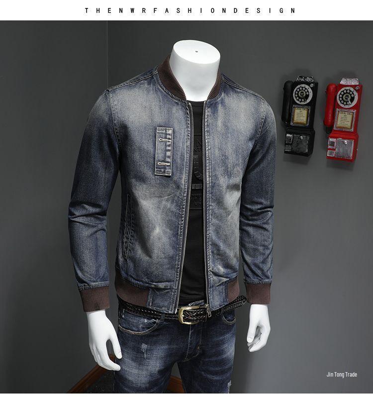 Men's Trendy Retro Motorcycle Denim Jacket - Slim Fit, Fashionable Baseball Collar for Autumn and Winter.