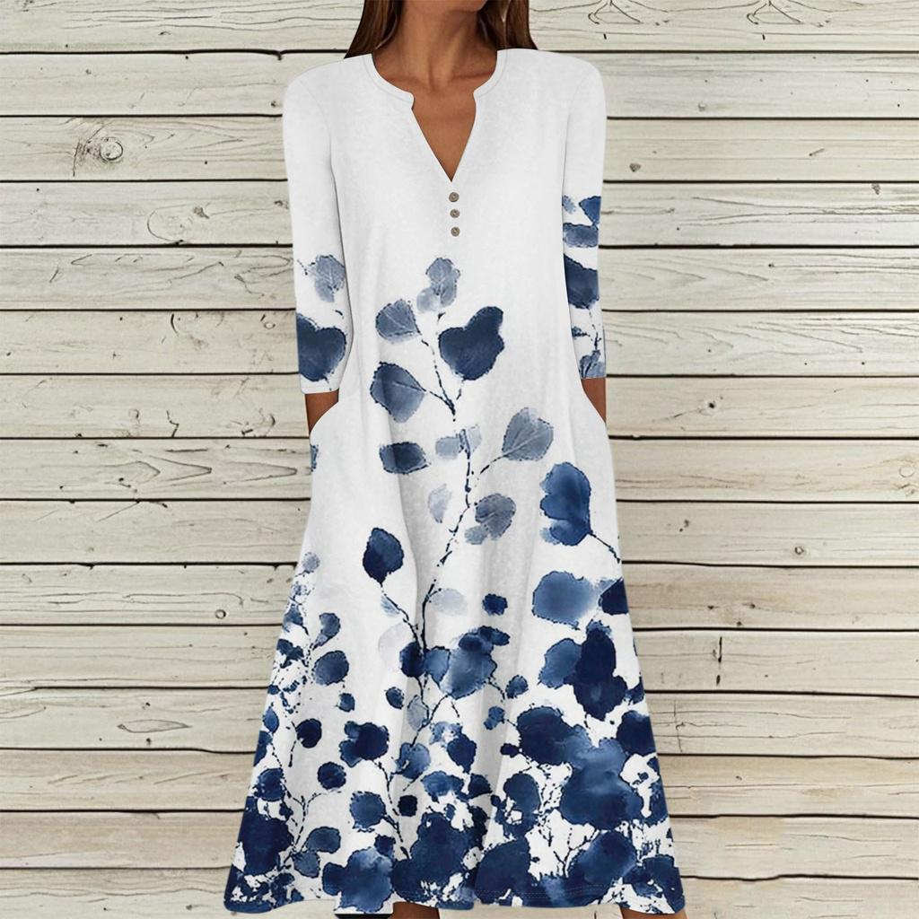 Women's Summer Casual V-Neck Button Vintage Floral Print Three-quarter Sleeve Long Dress With Pockets