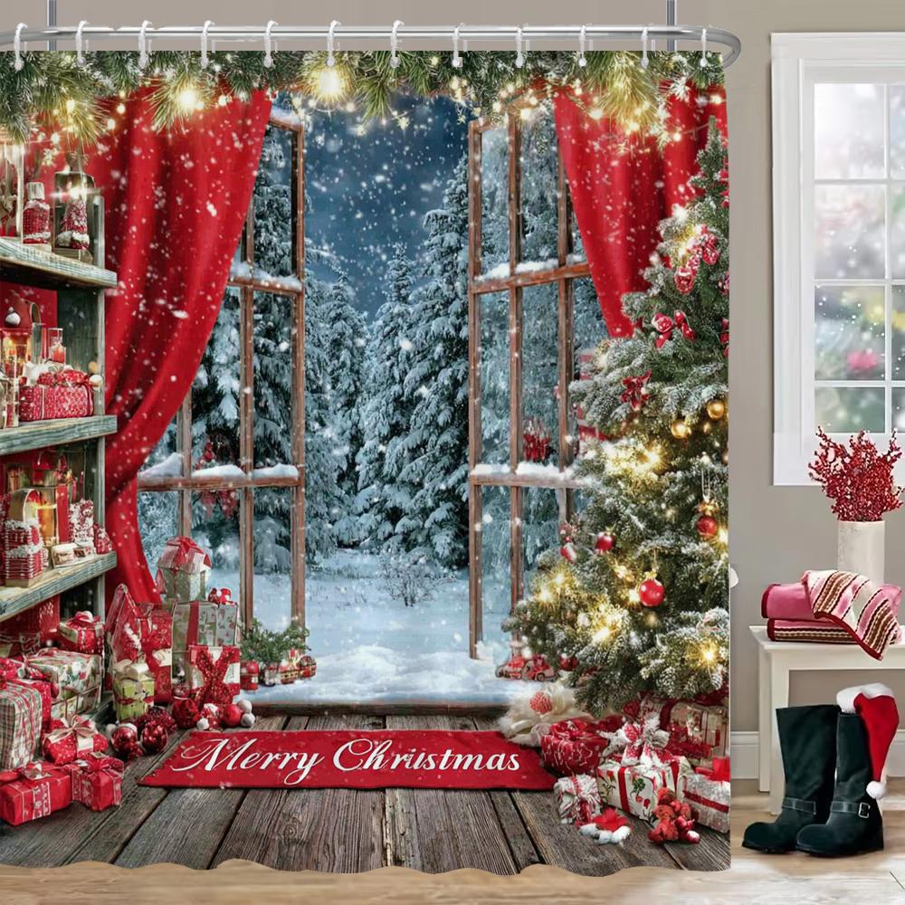 Zimowe Świąteczne Zasłony Prysznicowe Miasto Ulica Bałwan Śnieżna Góra Sceneria Nowy Rok Boże Narodzenie Wystrój Domu Łazienki Zestaw Zasłon Kąpielowych