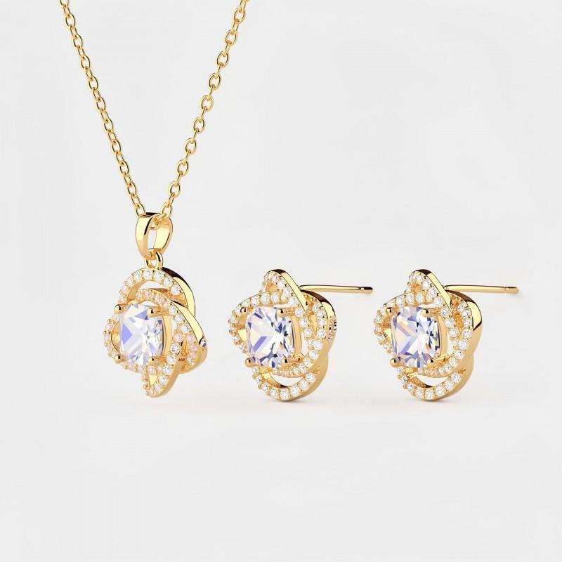 Jewelry Set Women Clover Design 16k Gold Plated Zircon Pendant Necklace Earrings Fashion