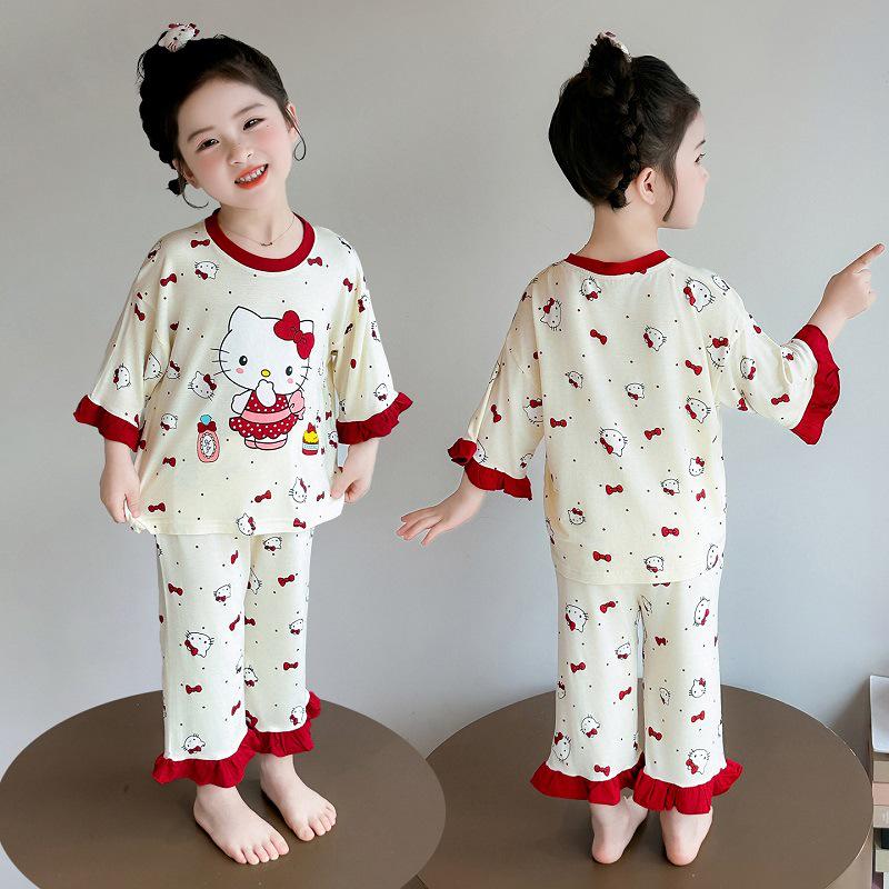 Girls' Summer Modal Pajamas - Cartoon Princess Style, Three-Quarter Sleeves. Perfect Air Conditioning Home Wear for Kids.