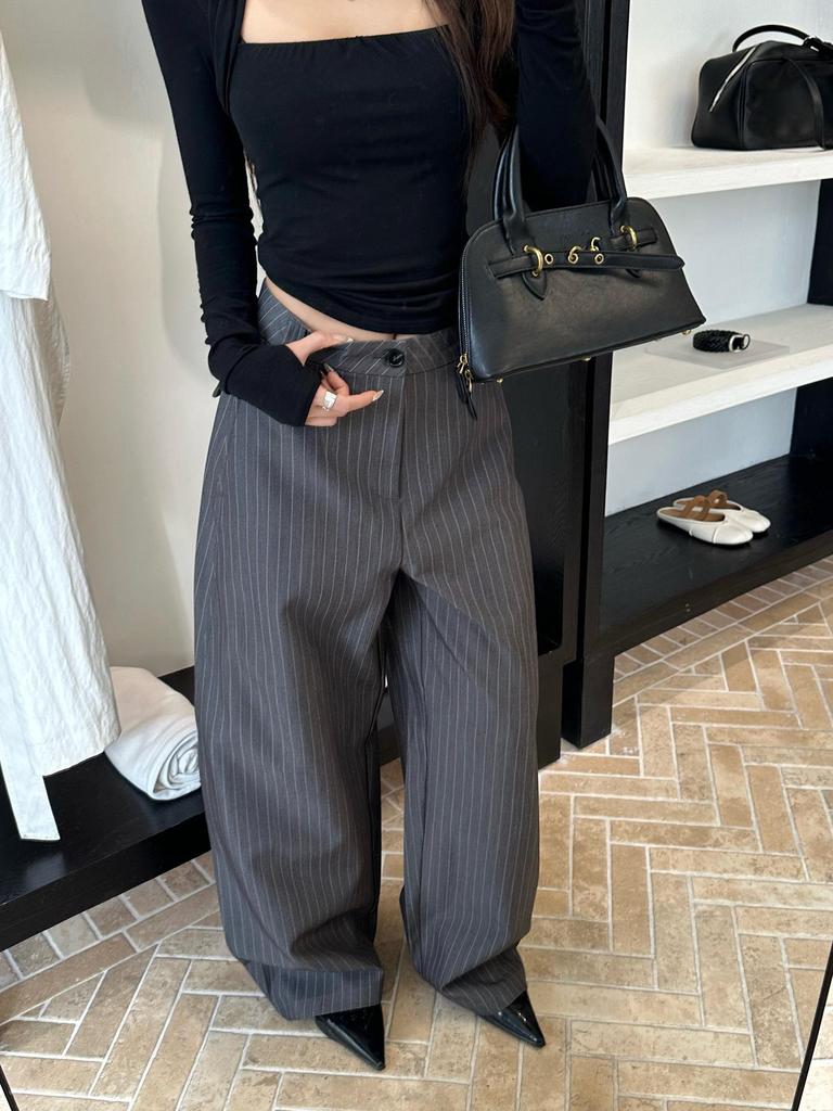 Lu Sheng Unisex Retro Striped Grey Casual Pants - Old Money Style Loose Western Trousers