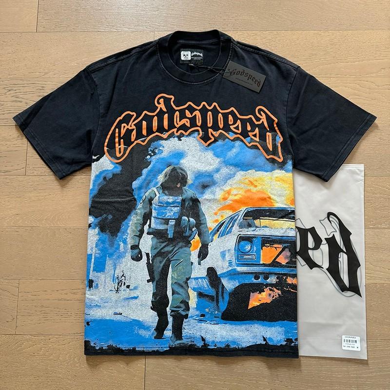 New Godspeed Street Retro Fashion Print T-Shirt Washed Men's Short Sleeve T-Shirt