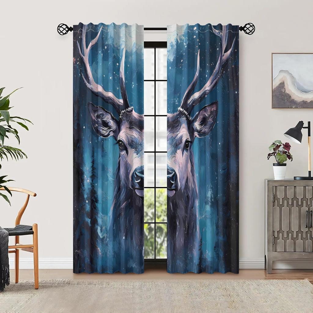 Deer Curtain - Elegant Deer Heads Window Drapes in Blue & Purple   Light Blocking Living Room Curtains with Grommets   Machine