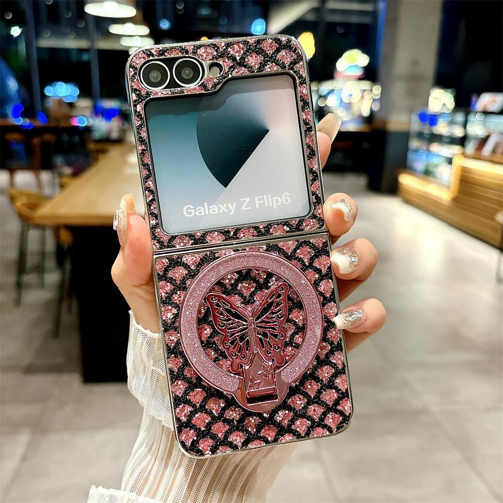 Electroplated Magnetic Leather Phone Case for Samsung Z Flip 6 5 4 3 Flip6 Flip5 Flip4 Flip3 Butterfly Bracket Protective Cover