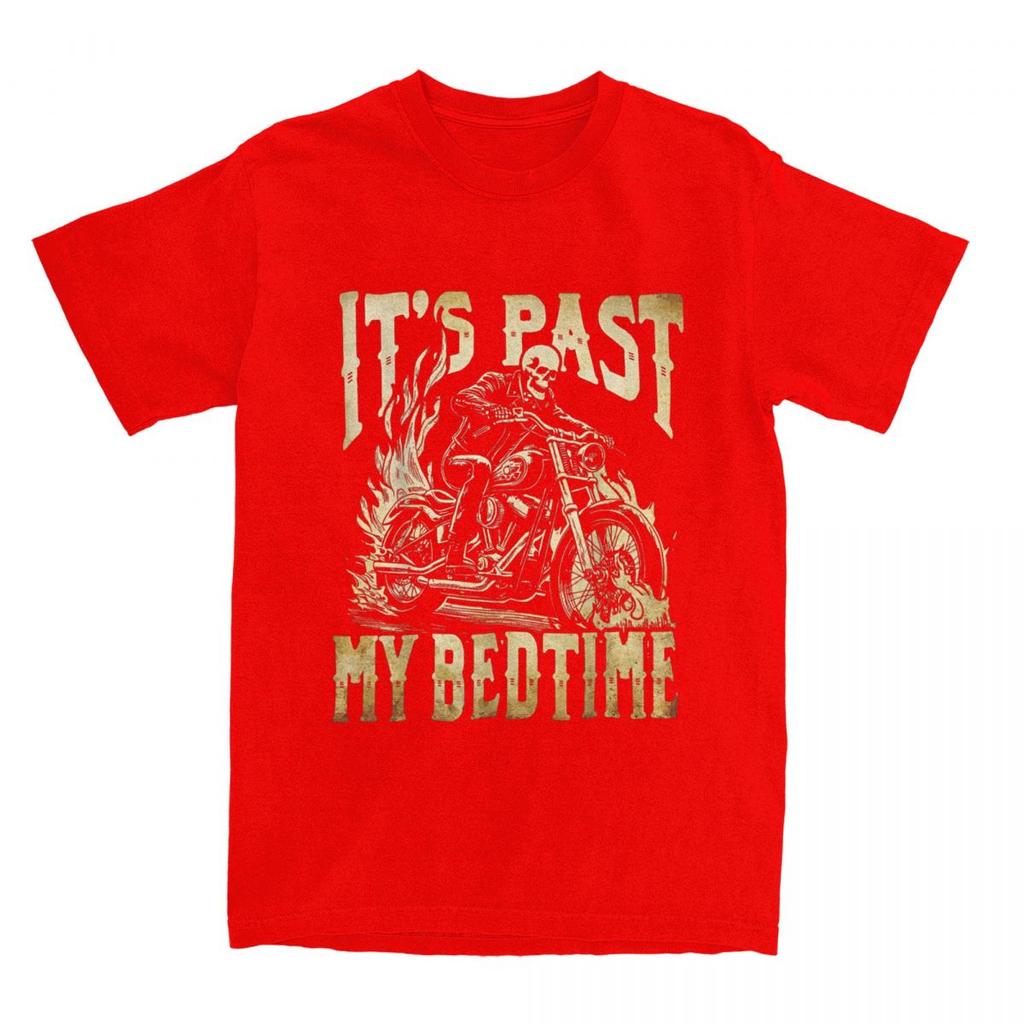 Funny Skeleton Motorcycle Its Past My Bedtime Meme Halloween T Shirt Y2K Cotton Cool Tee Shirt For Men's Short-Sleeve Tees
