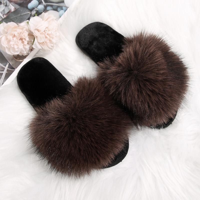 

Осень новая мода универсальные четыре сезона плюшевые тапочки на плоской подошве с одним словом пушистые тапочки 40 фуксия