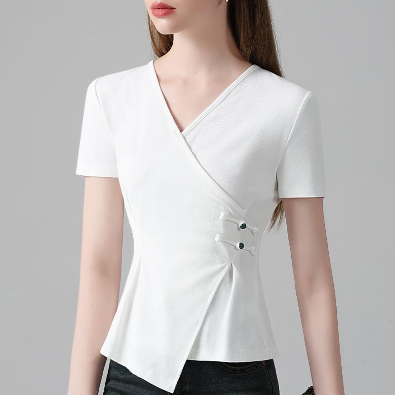 Short-sleeved T-shirt Women with Cross V Neck Button Cotton T-shirt Irregular Hem Waist Top