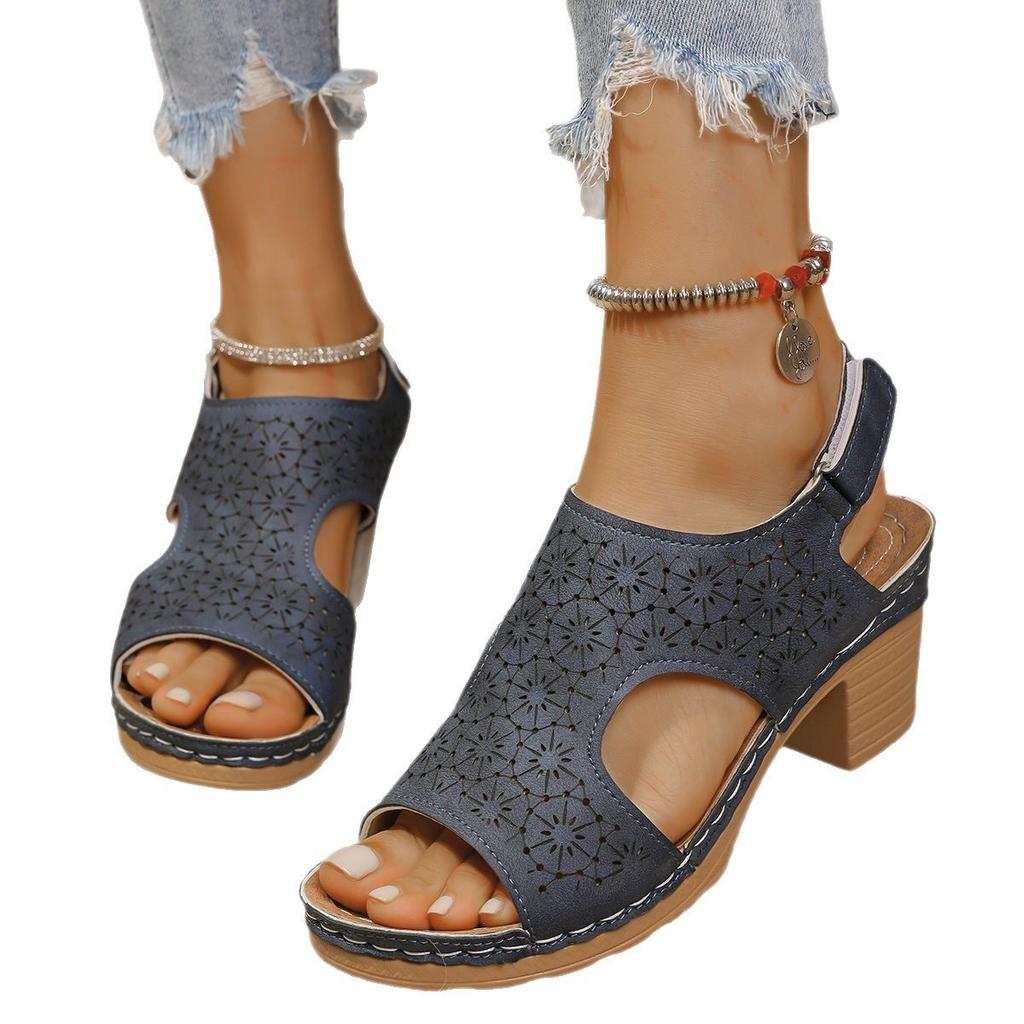High-heeled sandals women's large-size cool slippers thick-soled fish mouth sandals women's hollow buckle fashion Roman sandals women