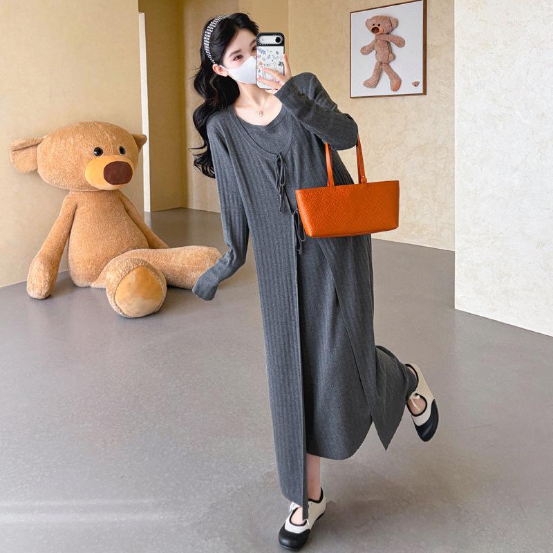 Spring 2026 Korean Style Knit Lace-Up Ribbed Maternity Dress Large