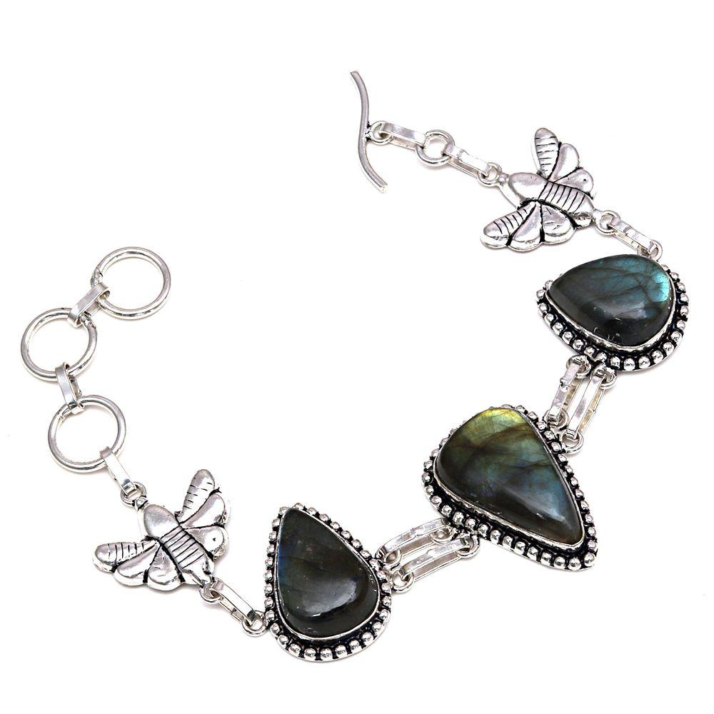 Shiney Labradorite Gemstone Silver Jewelry Bracelets 7''Adjusable