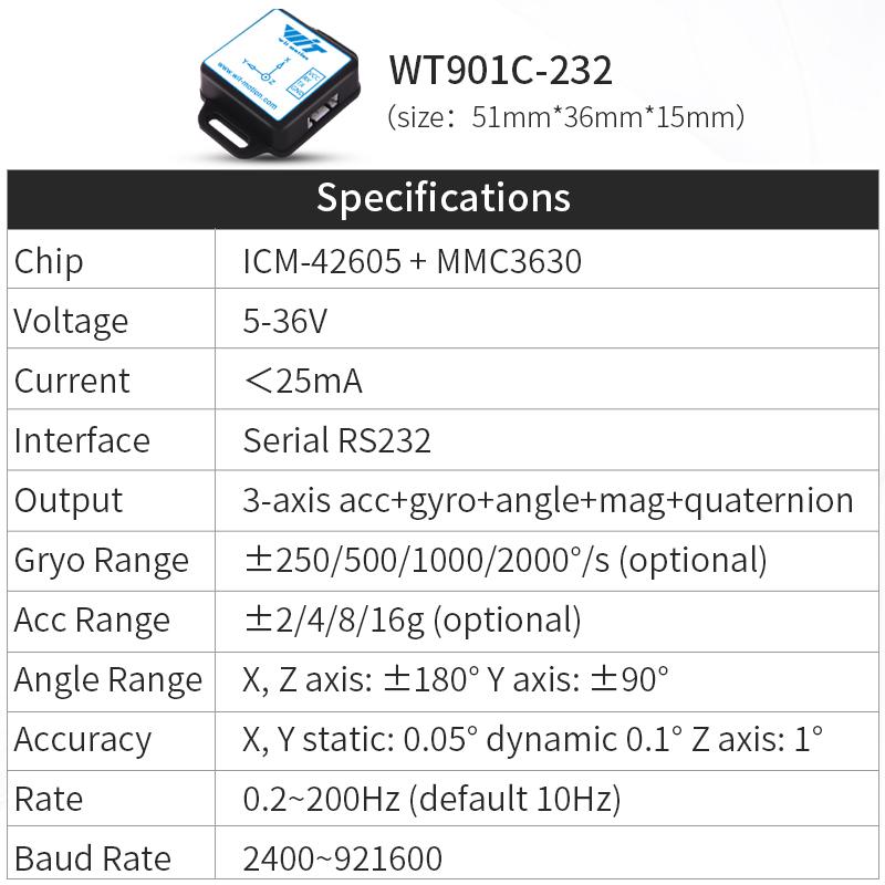 WitMotion WT901C485 9-Axis AHRS Inclinometer Acceleration+Gyro+Angle (XY 0.05° Accuracy)+Digital Compass, RS485 Modbus Protocol WT901C-RS232