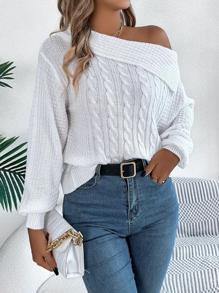 Autumn Winter Sexy Roll Neck Off-Shoulder Cable Knit Long Sleeve Pullover Sweater Women's Clothing