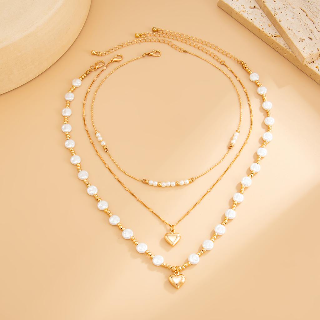 Salircon Exquisite Imitation Pearl Love Heart Pendant Necklace Women Multilayer Trendy Elegant Metal Clavicle Chain Y2K Jewelry