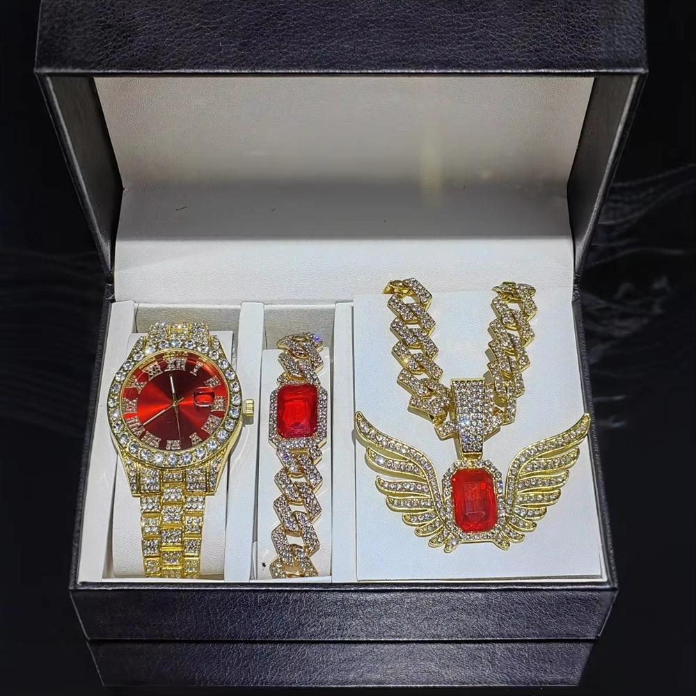 Stock Gold Men's Jewelry Set Alloy and Bling Rhinestone Iced Out Hip Hop Quartz Watch Bracelet Wing Pendant Necklace