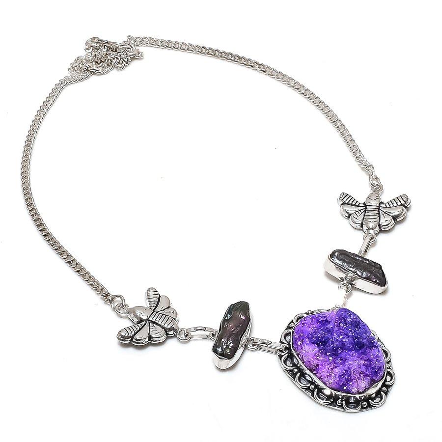 Natural Purple Solar Quartz, Pearl 925 Sterling Silver Jewelry Necklace 18" Q0Z89