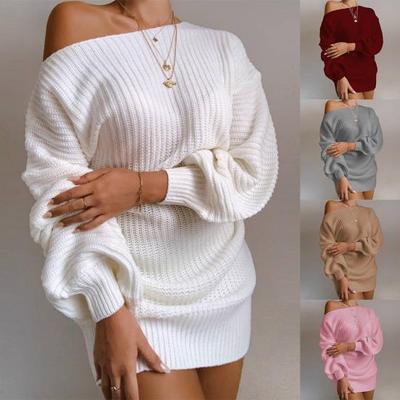 Women One Shoulder Puff Long Sleeve Sweater Dress Loose Tunic Knitted Jumper