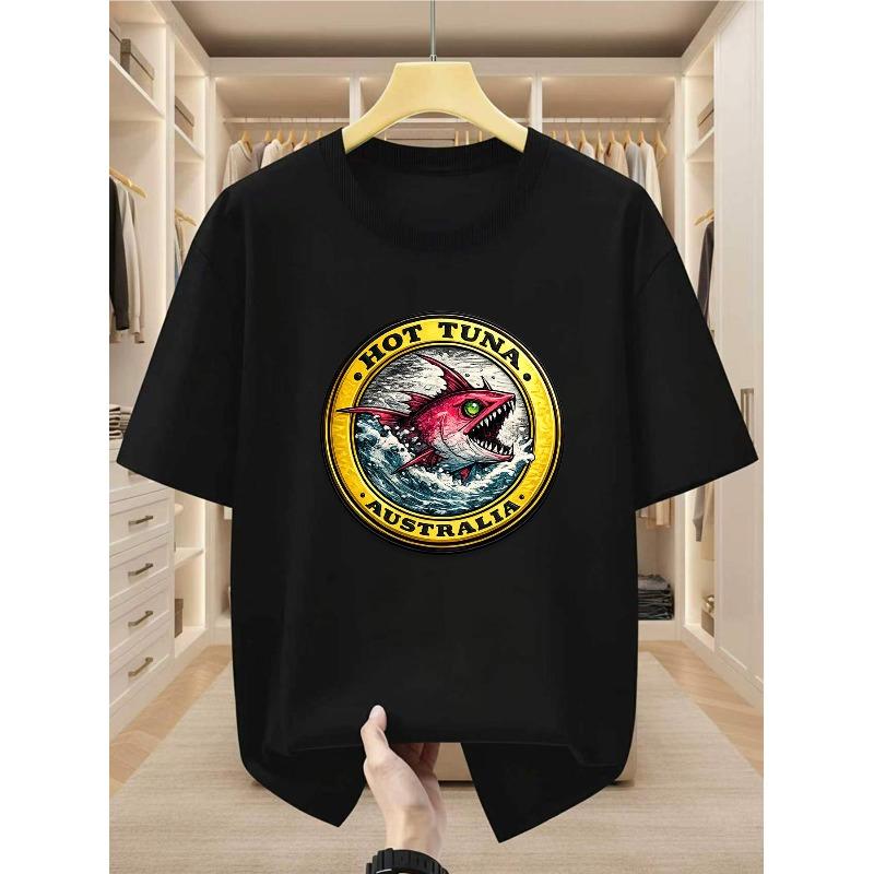 Men S T-Shirt with Aggressive Tuna Fish Hot Tuna Australia Graphic, Comfortable Casual Short-Sleeved Tee for Summer M чёрный