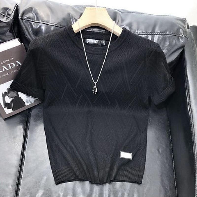 Trendy Men's Slim-Fit Jacquard Knit Sweater with Inner T-Shirt - Lightweight, Short-Sleeved Design