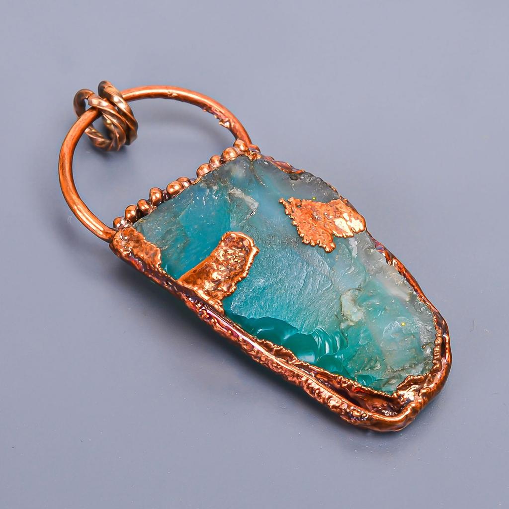 Green Fluorite Rough Gemstone Copper Art Deco Boho Birthday New Pendant Jewelry V-4