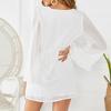 Women Solid Deep V Neck Ruffled Flounce Long Sleeve Irregular Hem Mini Dress
