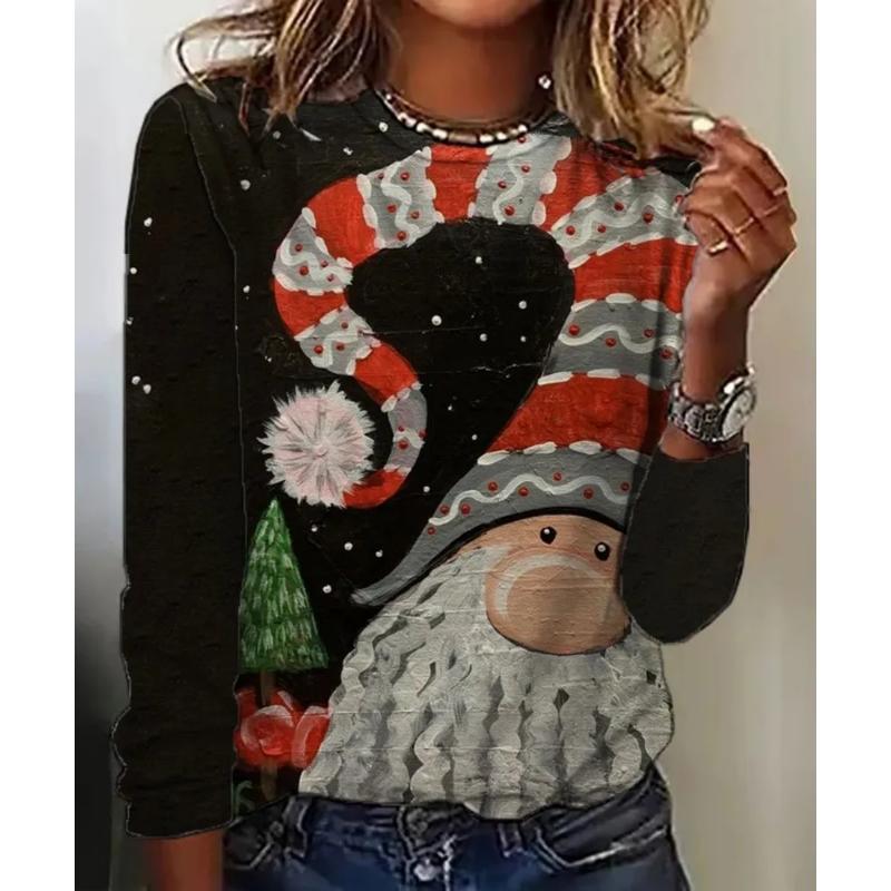 Fashion Women's Crew Neck Long Sleeve 3D Casual Color Printing Casual Long Sleeve Crew Neck T-Shirt