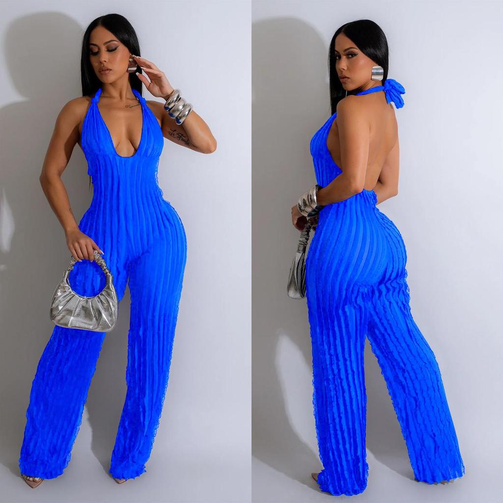 European & American Fashion Women's Solid Color Backless Deep V Pleated Halter Jumpsuit