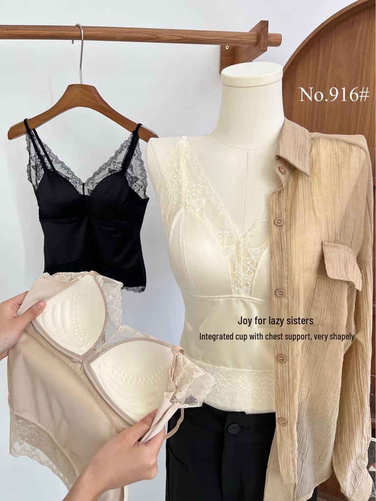 Women's V-Neck French Lace Camisole: Push-Up, Supportive Cups, Beautiful Back Design, Breathable, Anti-Exposure