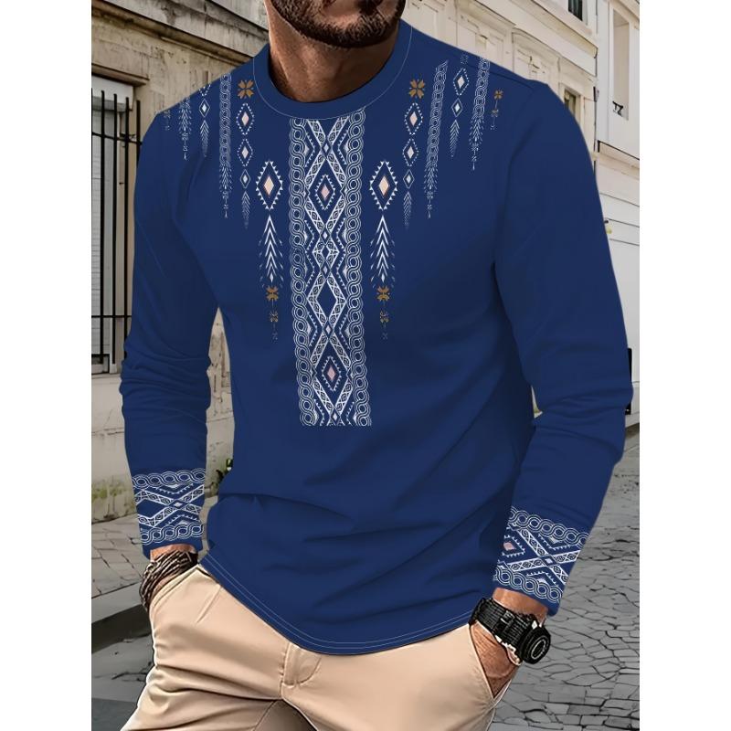 Men's Tribal Print Long Sleeve T-Shirt - Fashion Round Neck Geometric Mosaic Design, Suitable for Casual Outings and Autumn/Winter Wear