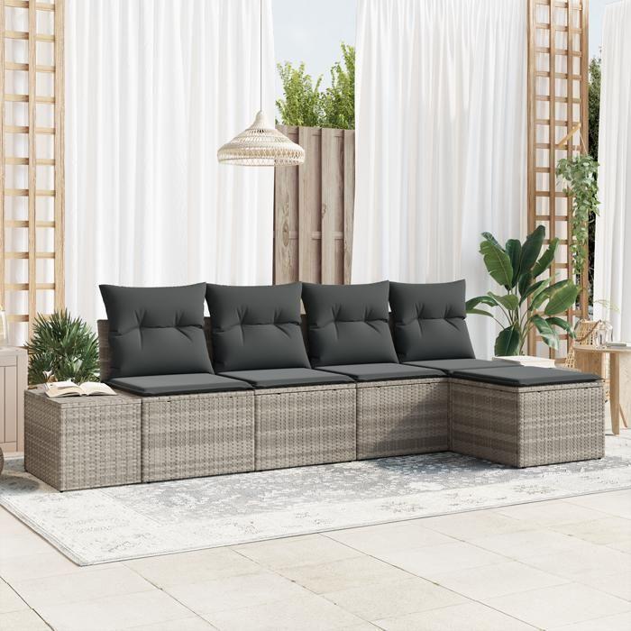 VidaXL Ensemble de Canapés de Jardin 5 Pièces avec Coussins Gris Clair en Rotin 3347022