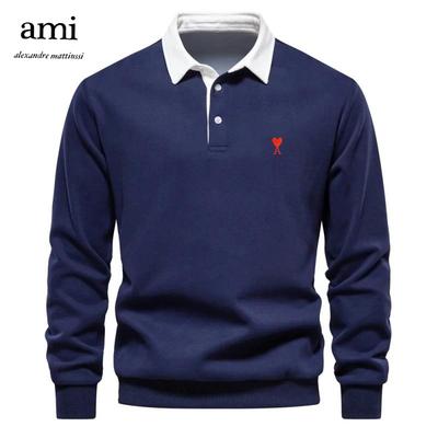 AMI 2025 Embroidered Men's Pure Cotton Long Sleeved Polo Shirt for Autumn and Winter