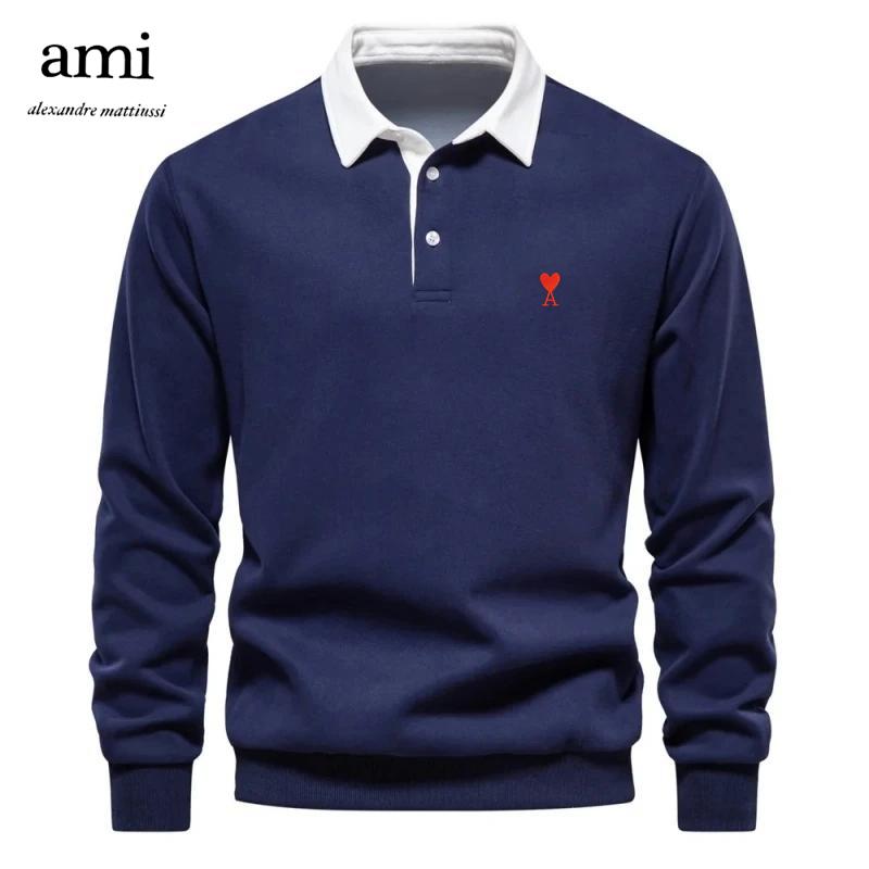 

AMI 2025 Embroidered Men s Pure Cotton Long Sleeved Polo Shirt for Autumn and Winter S