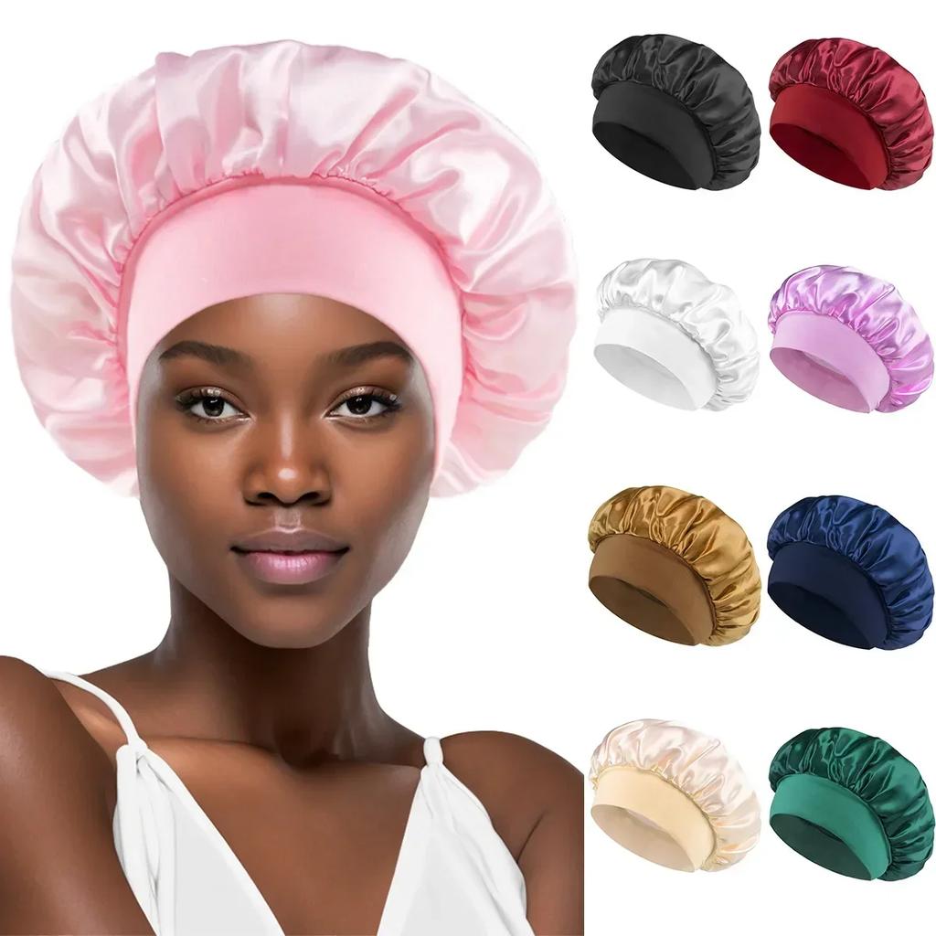 Satin Bonnets Night Sleeping Cap Large Elastic Wide Soft Band Colorful Silk Hat for Curly Hair Care Beauty Makeup for Women