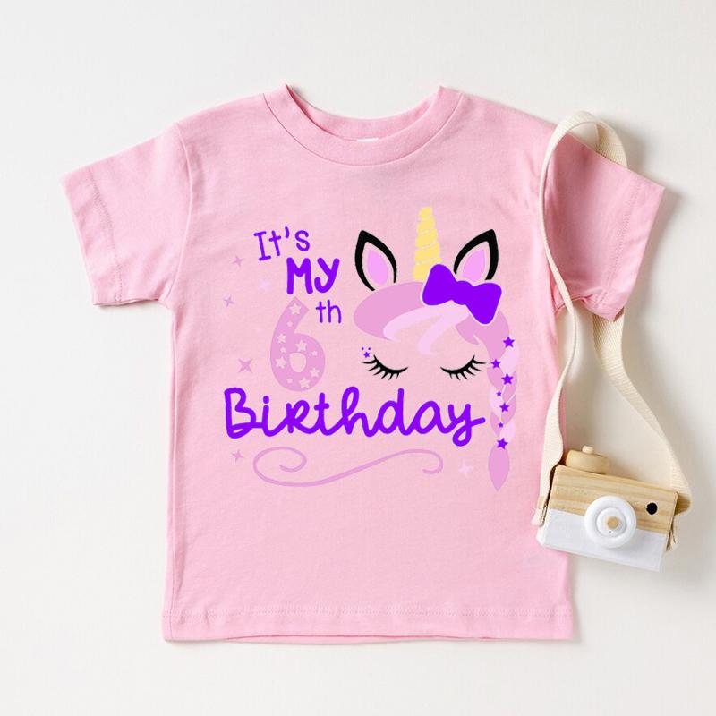 Kawaii Unicorn Face Eyelashes Number Tshirt It's My 3-9th Birthday T Shirt Kids Clothes Girl T-Shirt Short Sleeve T-Shirts