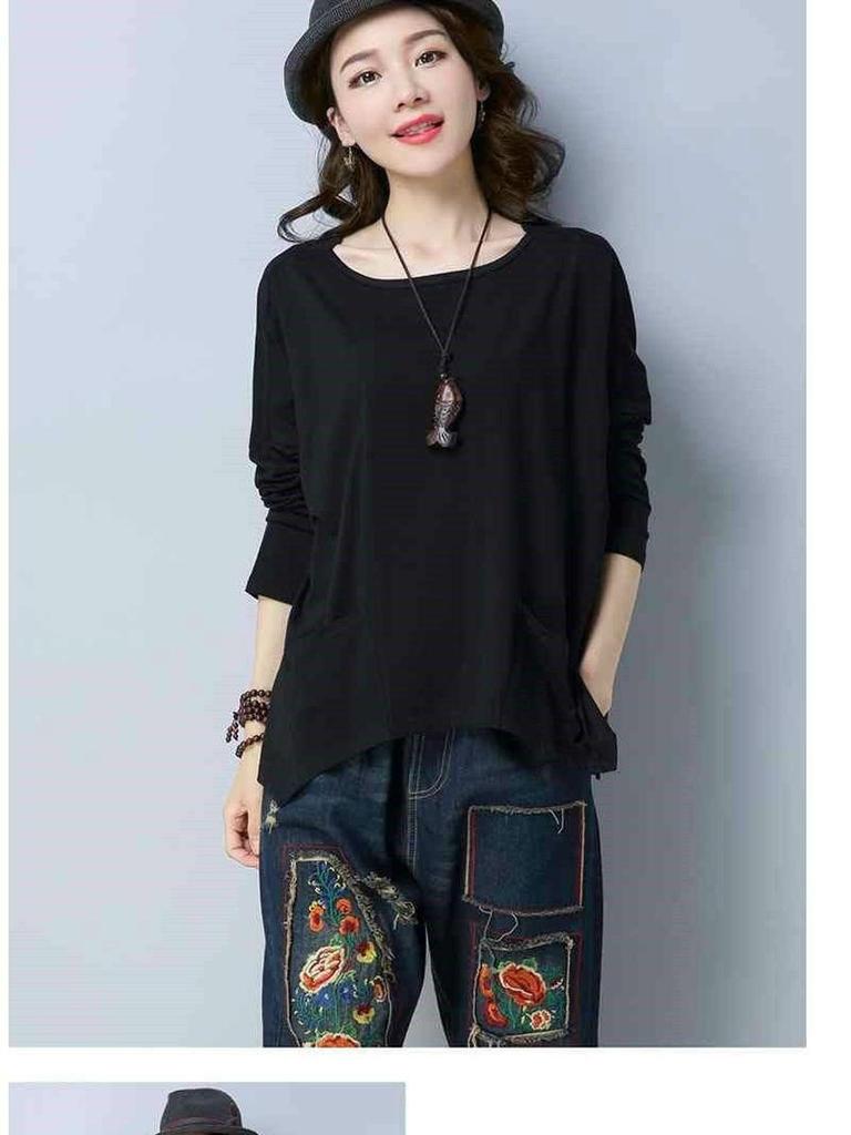 Solid Color Oversized Women's Clothing Design Pocket Long Sleeve T-Shirt for Women Autumn New Loose Retro Simple Top