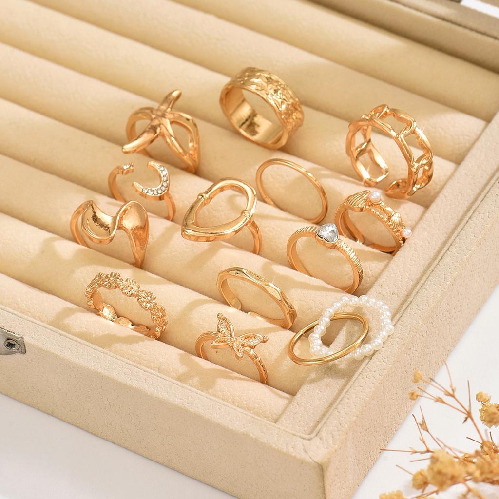 European and American Style Ring Exaggerated Butterfly 11 Knuckles Stacked with High-end Love Geometric Star and Moon Ring Female