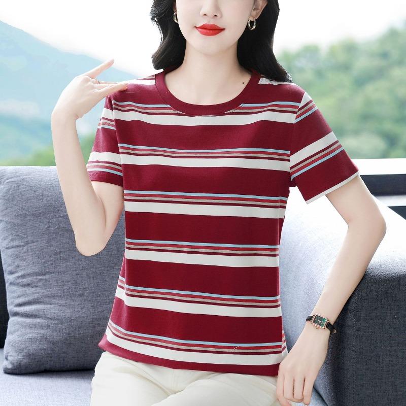 Striped Short-sleeved T-shirt Women's Round Neck Half-sleeved Shirt Summer Plus Size Loose Top