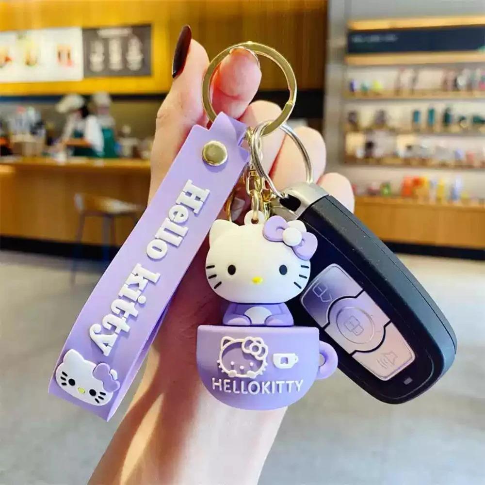 Cute Cartoon Hello Kitty Keychain Teacup Key Chain Women Girl Schoolbag Shoulder Bag Car Keyring Kid Kawaii Gift Festival gifts