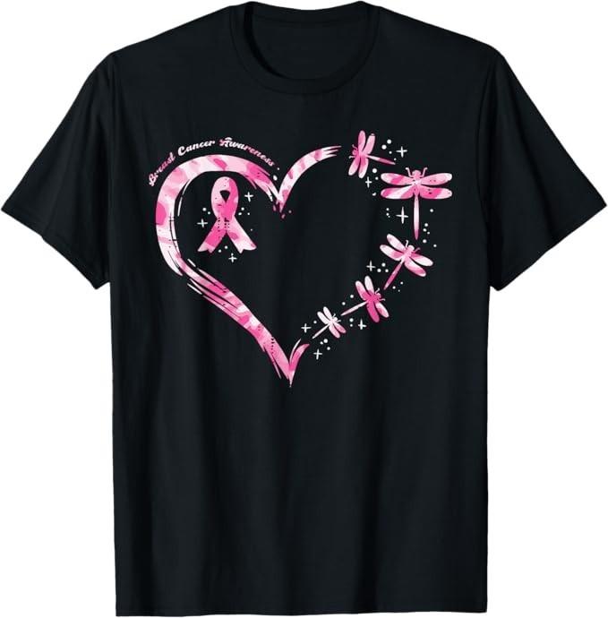 

Breast Cancer Heart Dragonflies Awareness Women Kids Men T-Shirt 4XL
