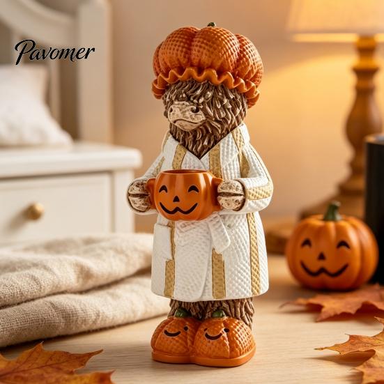 Charming Fall Housewarming Presents Halloween Highland Cow Figurine, Resin Statue with Pumpkin Mug, Spooky Seasonal Tiered Tray Decor Farmhouse