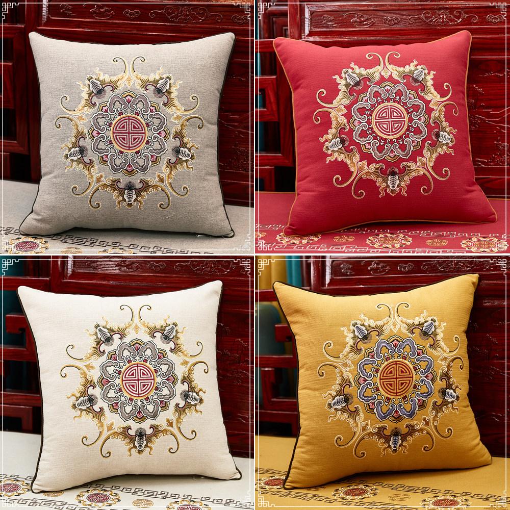 New Chinese-style Redwood Sofa Throw Pillow Cotton and Linen Headboard Soft Cushion Embroidery Large Cushion Cover