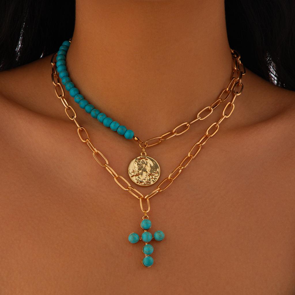 Retro Ethnic Irregular Turquoise Metal Cross Pendant Personality Double Layer Necklace for Women Collar Chain Charm Jewelry Gift