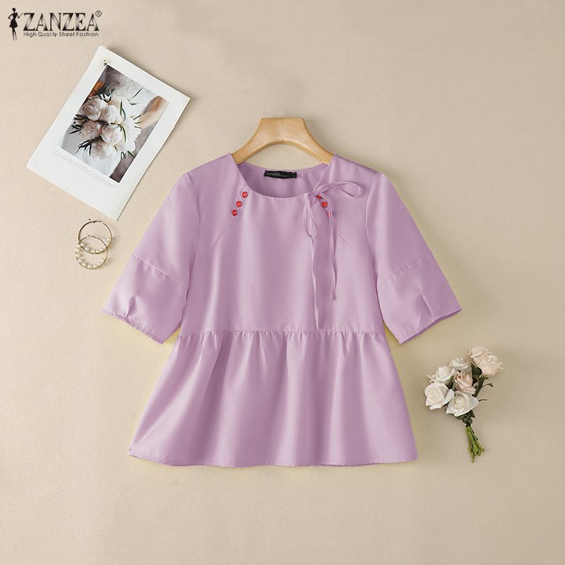 ZANZEA Blusa da donna casual a girocollo, tinta unita, manica corta larga