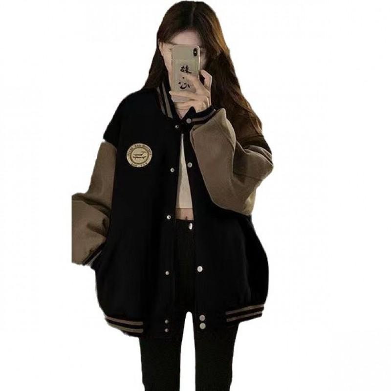 Womens Oversized Baseball Jacket Warm Loose Hoodie Cardigan Casual Streetwear With Embroidered Patch