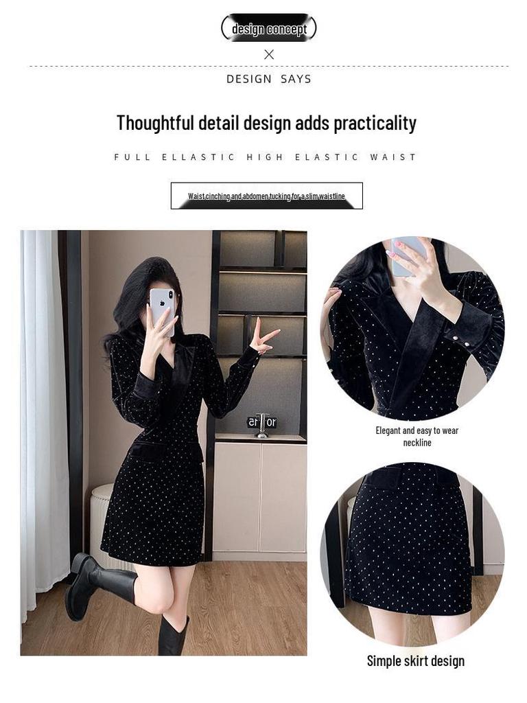 Gold Velvet Rhinestone Waist-Slimming Dress for Women