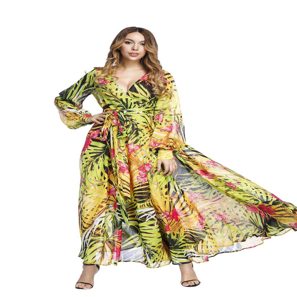 1011 Frühling und Sommer Neu Europäisches und Amerikanisches Damenkleid V-Ausschnitt Laternenärmel Rotes Blattmuster Langes Kleid, Weit schwingendes Kleid