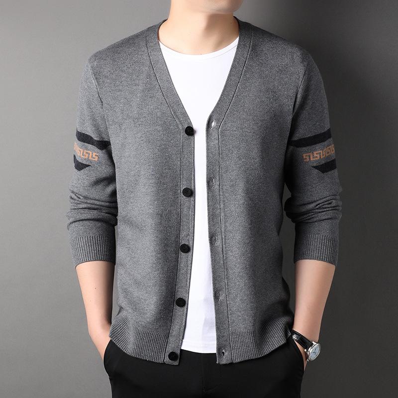 Herbst Neu Einfarbiges Hemd Dünner V-Ausschnitt Herren Strickjacke Top Mittleren Alters Business Casual Mantel Tide Locker