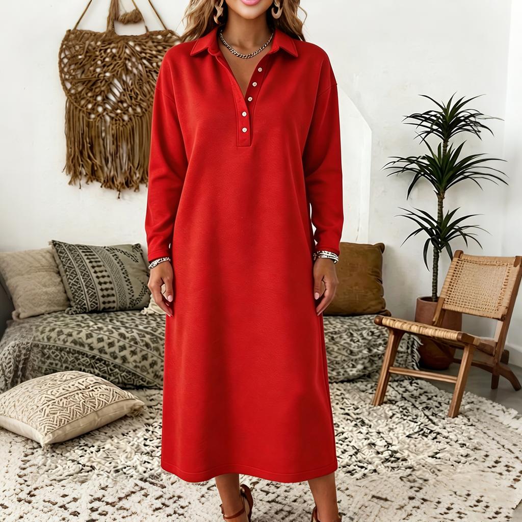 Women's Knit Sweatshirt Dress with Shirt Collar Long Sleeve Button Front Casual Midi Dress for Everyday Wear