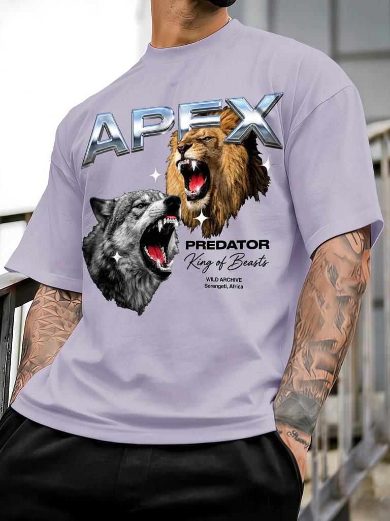 Unisexs Oversized Streetwear Tshirt Brand Apex Predator Lion Wolf Graphic Print Loose Fit Cotton Short Sleeve White Casual Tops S