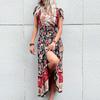 Popular 3 Summer New Long Skirt European and American V-neck Ethnic Printing Split-ended Dress